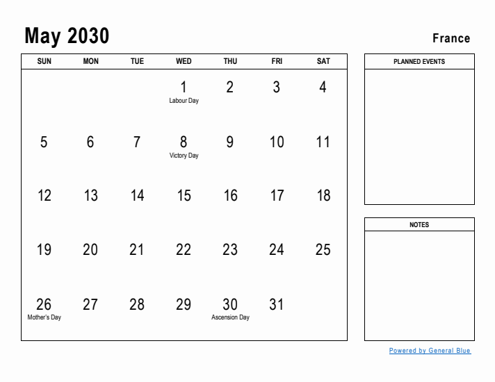 May 2030 Printable Monthly Calendar with France Holidays