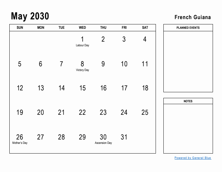 May 2030 Printable Monthly Calendar with French Guiana Holidays