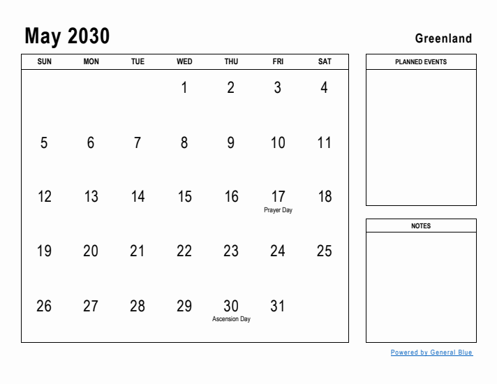 May 2030 Printable Monthly Calendar with Greenland Holidays