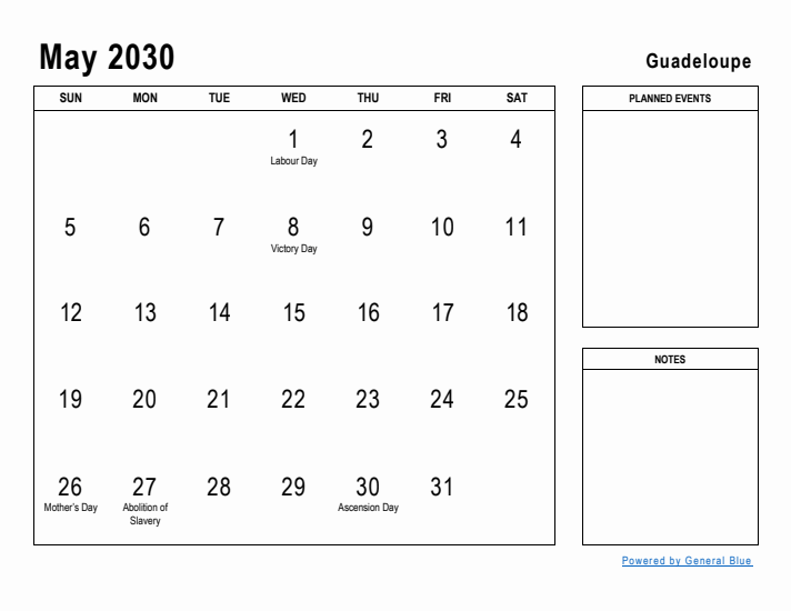 May 2030 Printable Monthly Calendar with Guadeloupe Holidays