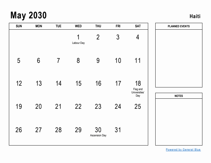 May 2030 Printable Monthly Calendar with Haiti Holidays