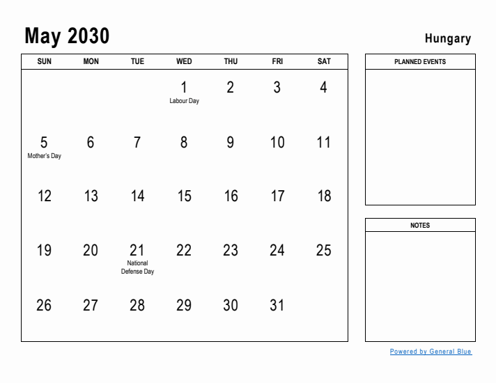 May 2030 Printable Monthly Calendar with Hungary Holidays