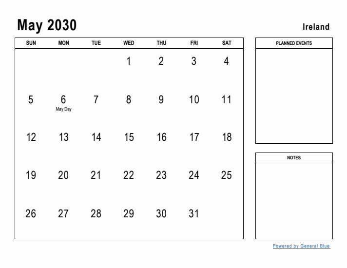 May 2030 Printable Monthly Calendar with Ireland Holidays