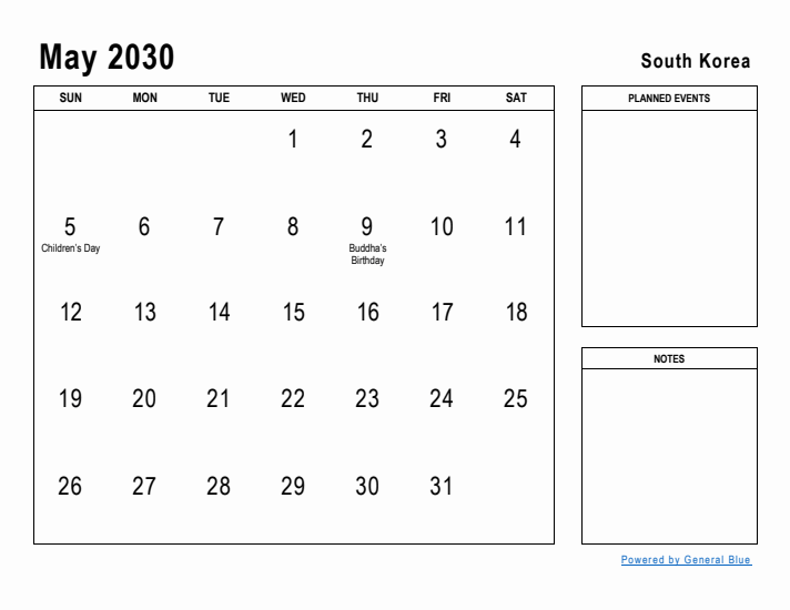 May 2030 Printable Monthly Calendar with South Korea Holidays