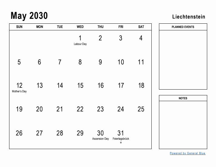 May 2030 Printable Monthly Calendar with Liechtenstein Holidays