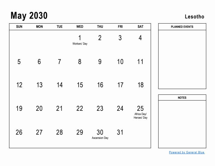 May 2030 Printable Monthly Calendar with Lesotho Holidays