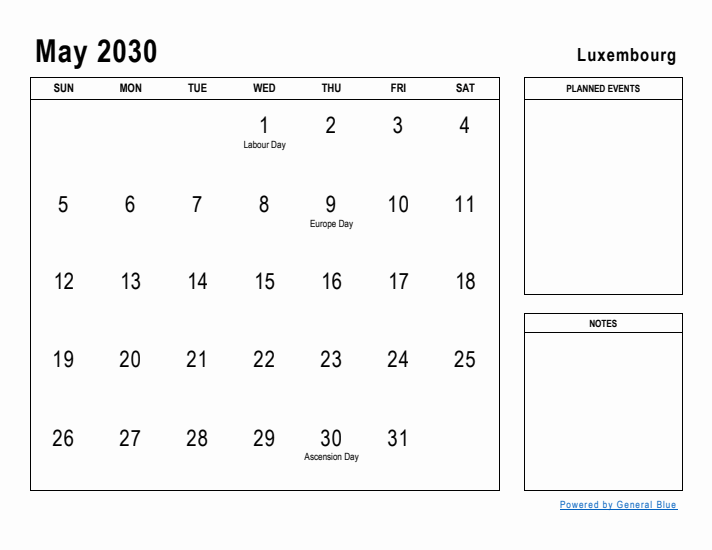 May 2030 Printable Monthly Calendar with Luxembourg Holidays