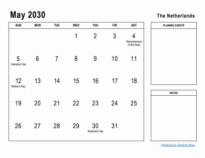 May 2030 Printable Monthly Calendar with The Netherlands Holidays