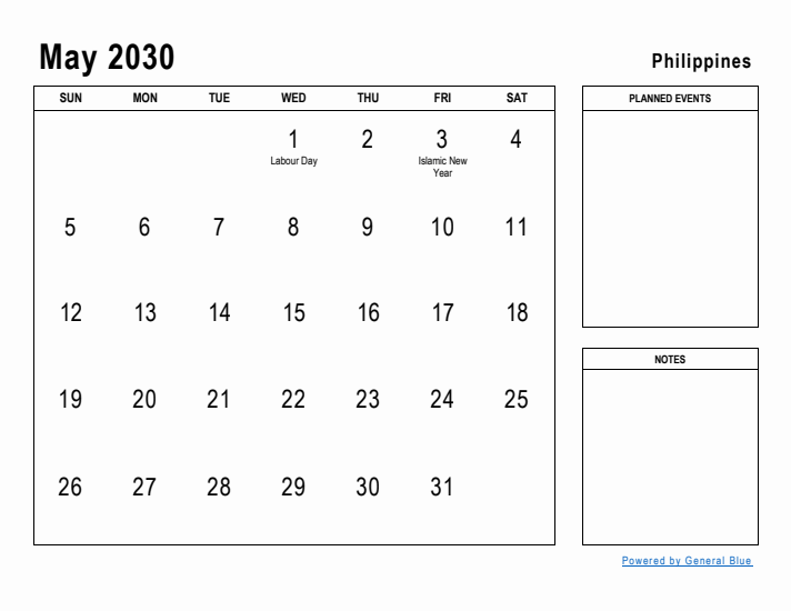 May 2030 Printable Monthly Calendar with Philippines Holidays