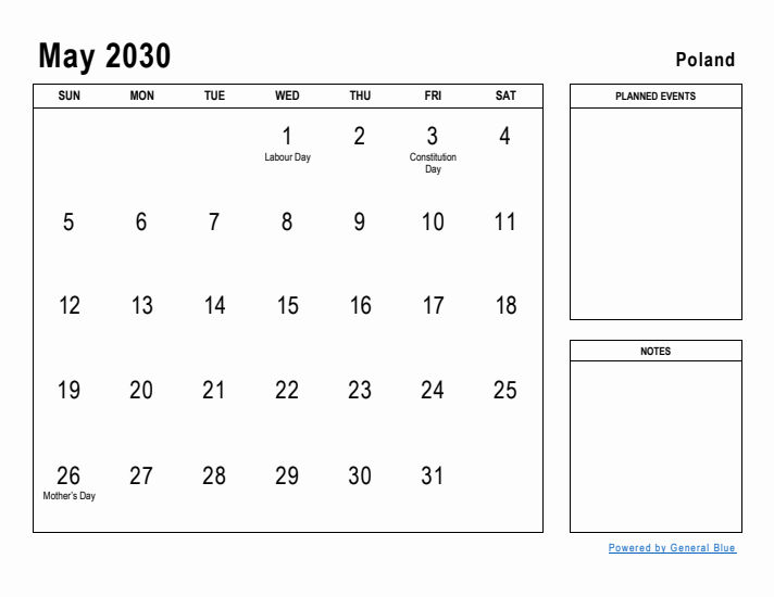 May 2030 Printable Monthly Calendar with Poland Holidays