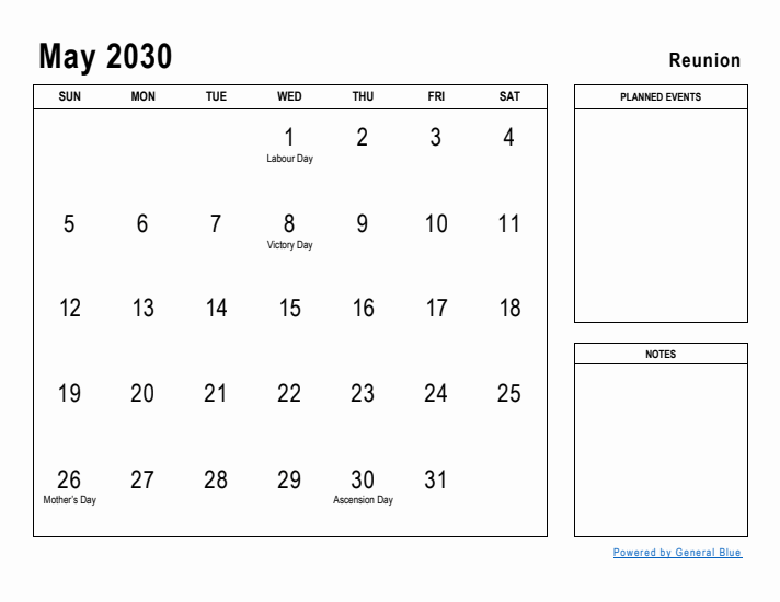 May 2030 Printable Monthly Calendar with Reunion Holidays