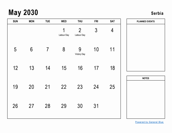 May 2030 Printable Monthly Calendar with Serbia Holidays