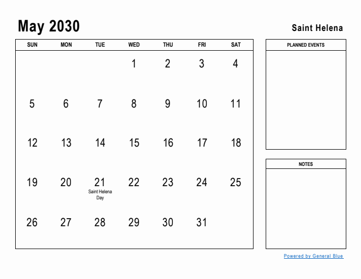 May 2030 Printable Monthly Calendar with Saint Helena Holidays