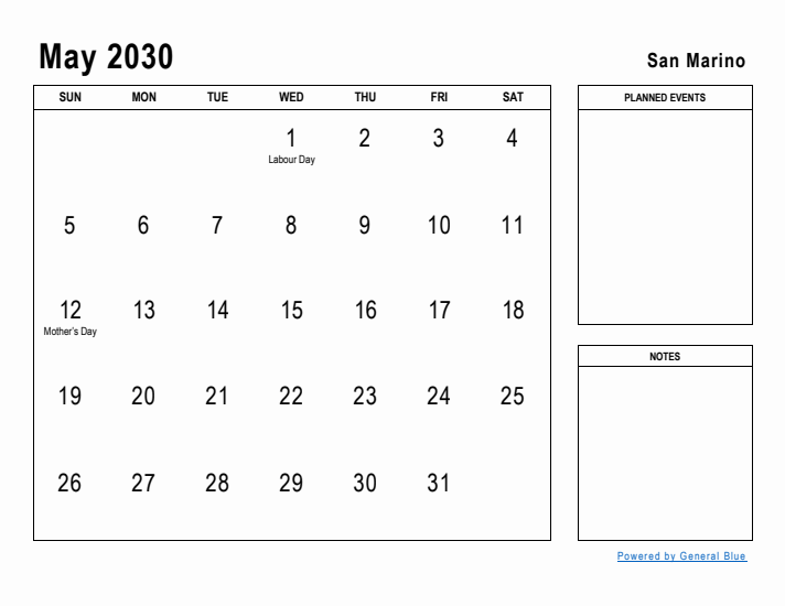 May 2030 Printable Monthly Calendar with San Marino Holidays