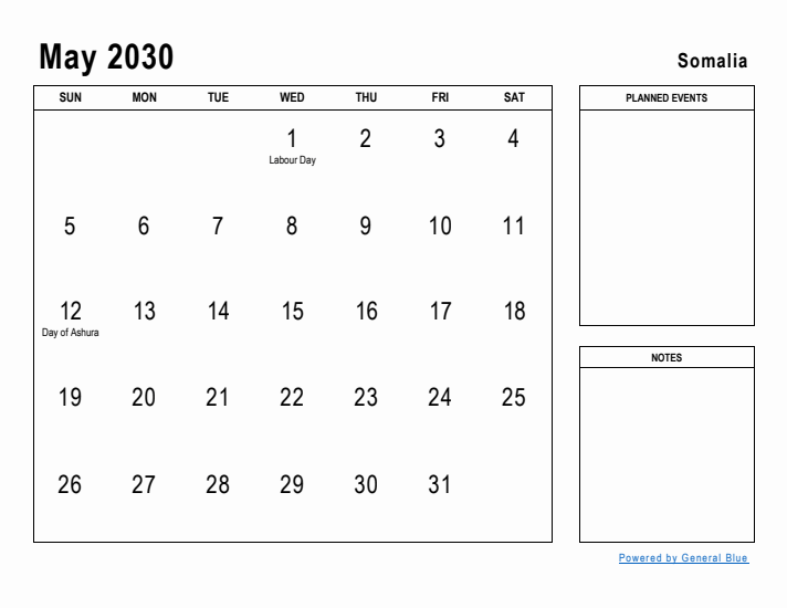 May 2030 Printable Monthly Calendar with Somalia Holidays