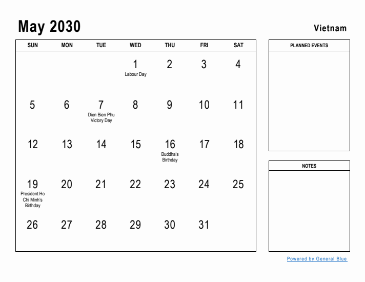 May 2030 Printable Monthly Calendar with Vietnam Holidays