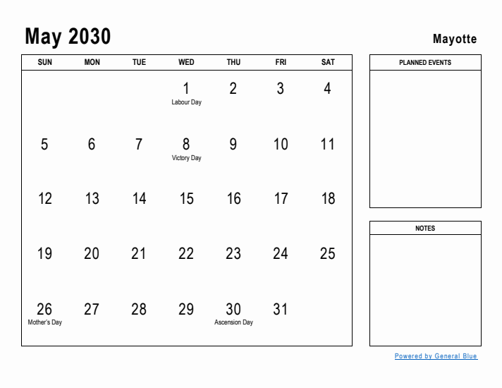 May 2030 Printable Monthly Calendar with Mayotte Holidays