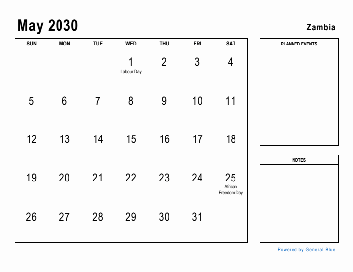 May 2030 Printable Monthly Calendar with Zambia Holidays