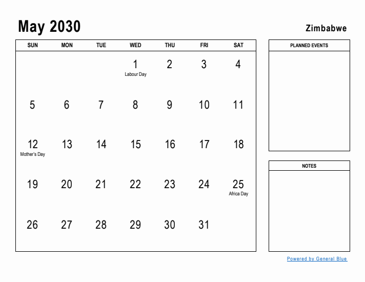 May 2030 Printable Monthly Calendar with Zimbabwe Holidays