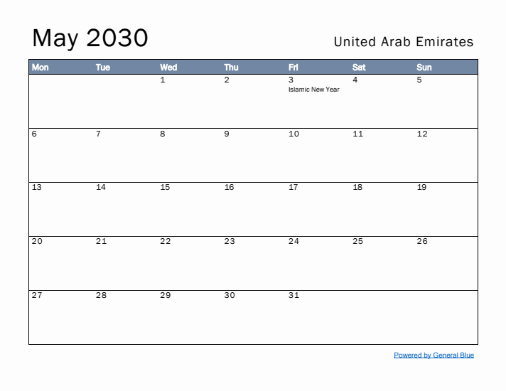 May 2030 Simple Monthly Calendar for United Arab Emirates