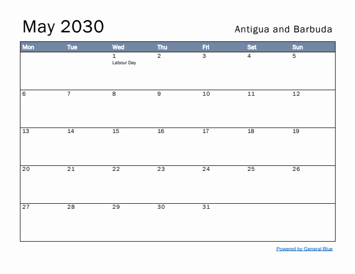 May 2030 Simple Monthly Calendar for Antigua and Barbuda