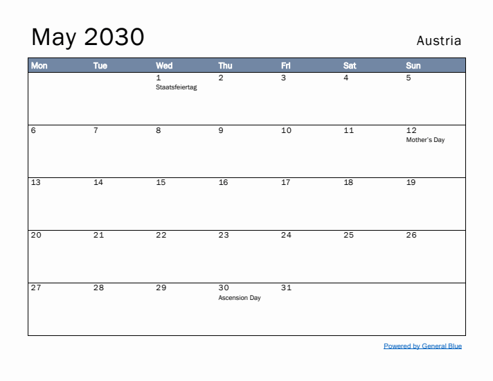 May 2030 Simple Monthly Calendar for Austria