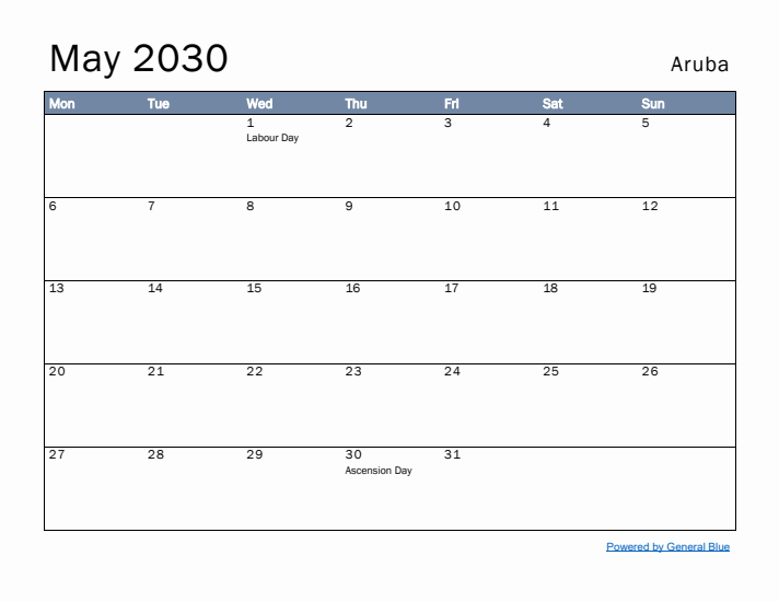 May 2030 Simple Monthly Calendar for Aruba