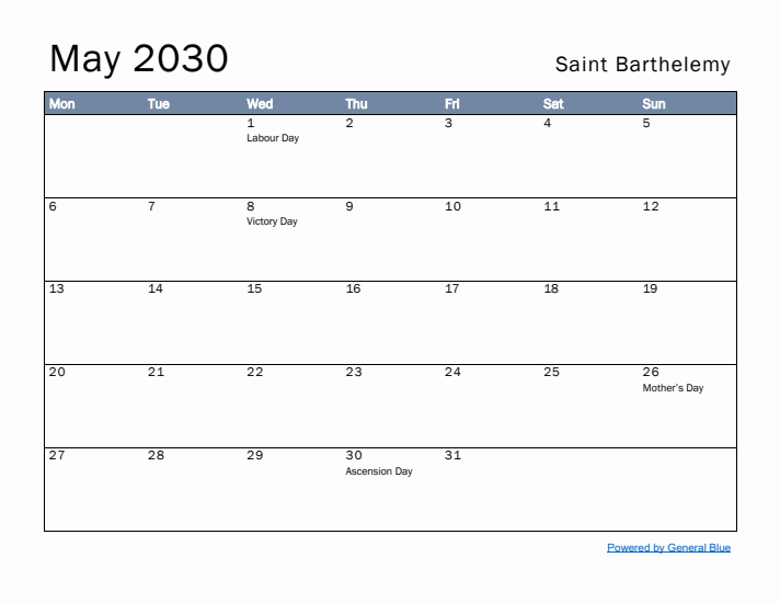 May 2030 Simple Monthly Calendar for Saint Barthelemy