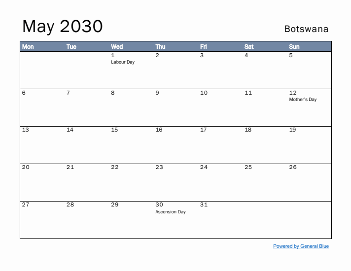 May 2030 Simple Monthly Calendar for Botswana