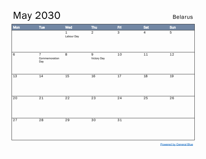 May 2030 Simple Monthly Calendar for Belarus