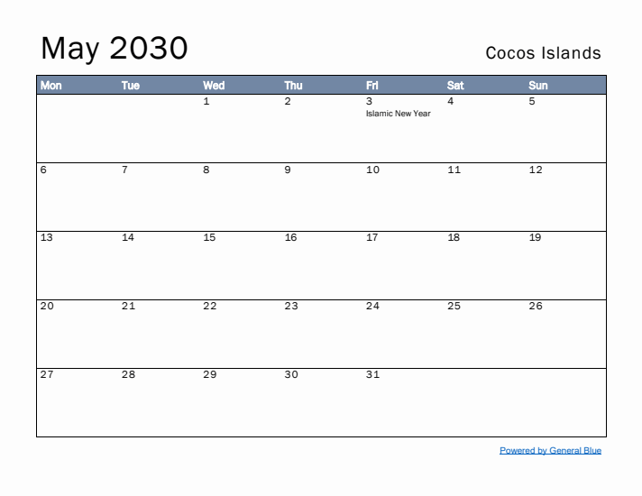 May 2030 Simple Monthly Calendar for Cocos Islands