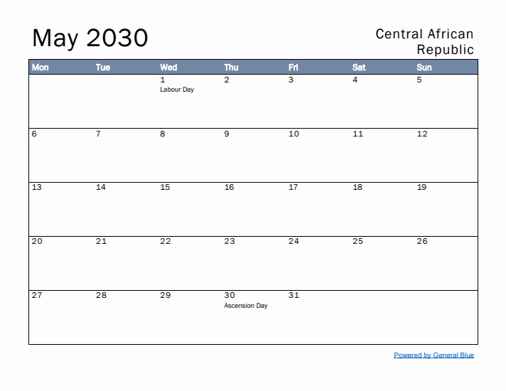 May 2030 Simple Monthly Calendar for Central African Republic