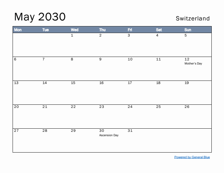 May 2030 Simple Monthly Calendar for Switzerland