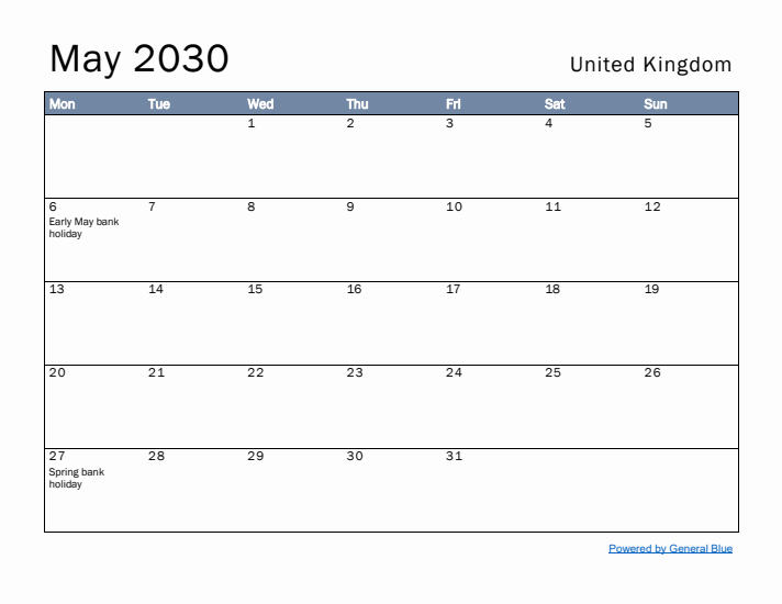 May 2030 Simple Monthly Calendar for United Kingdom