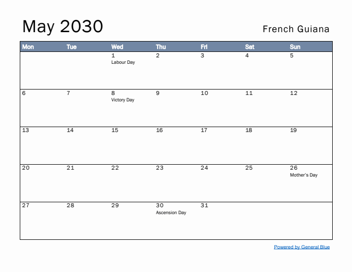 May 2030 Simple Monthly Calendar for French Guiana