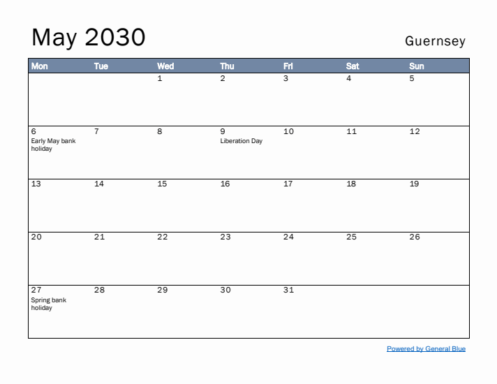 May 2030 Simple Monthly Calendar for Guernsey