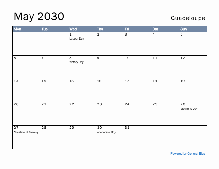 May 2030 Simple Monthly Calendar for Guadeloupe