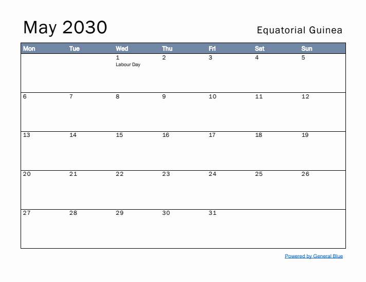 May 2030 Simple Monthly Calendar for Equatorial Guinea