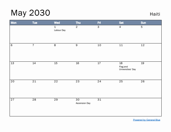 May 2030 Simple Monthly Calendar for Haiti