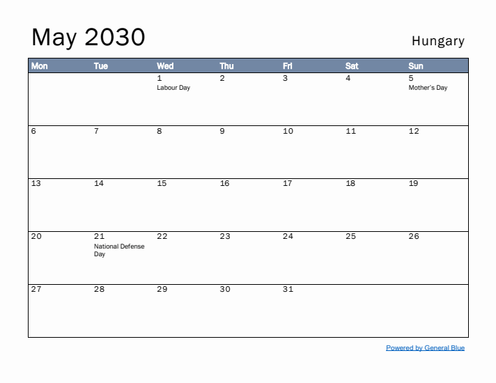 May 2030 Simple Monthly Calendar for Hungary