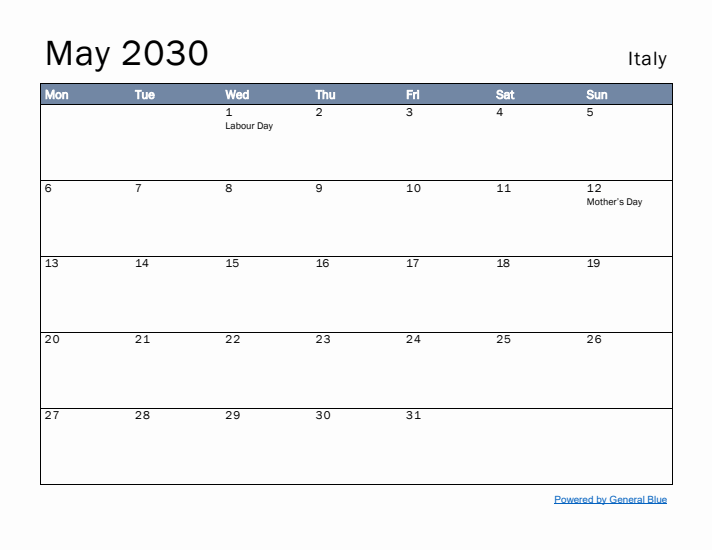 May 2030 Simple Monthly Calendar for Italy