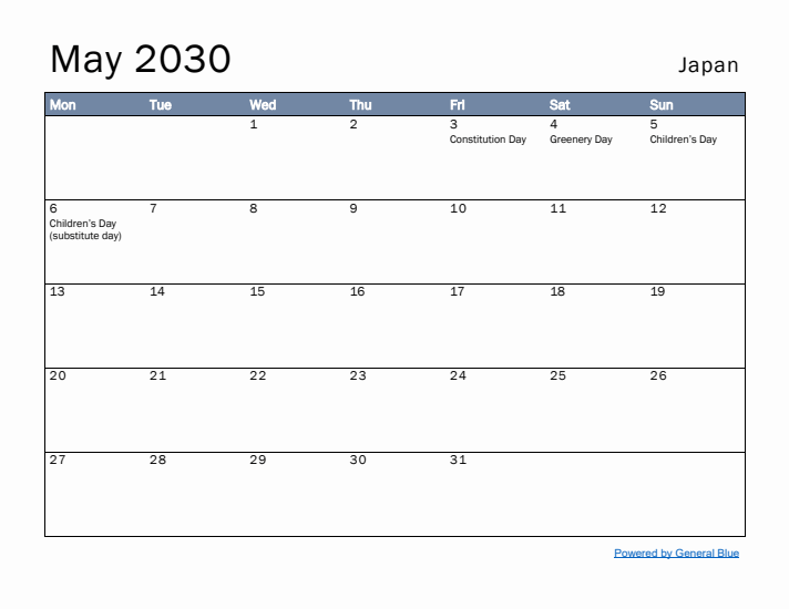 May 2030 Simple Monthly Calendar for Japan