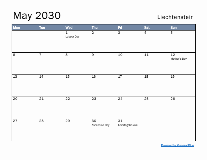 May 2030 Simple Monthly Calendar for Liechtenstein