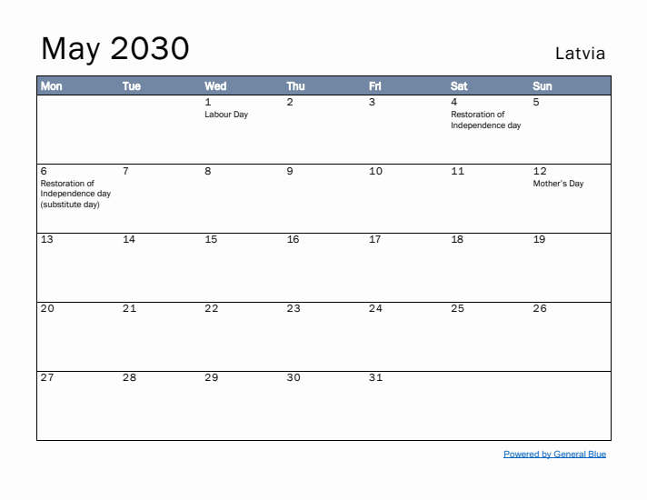 May 2030 Simple Monthly Calendar for Latvia