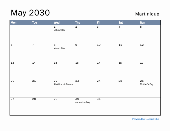 May 2030 Simple Monthly Calendar for Martinique