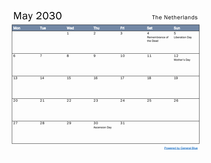 May 2030 Simple Monthly Calendar for The Netherlands