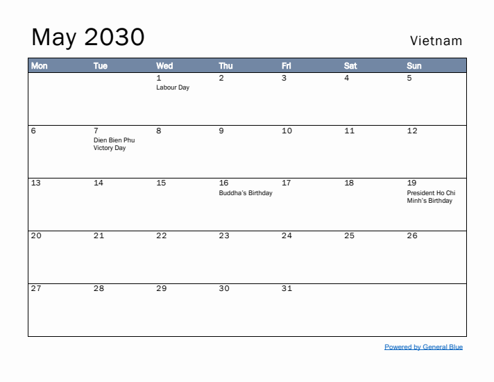 May 2030 Simple Monthly Calendar for Vietnam