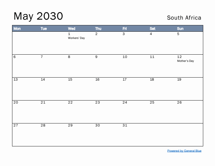 May 2030 Simple Monthly Calendar for South Africa