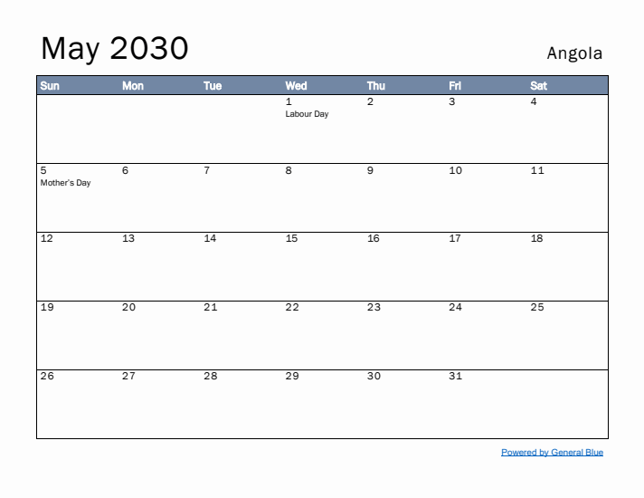 May 2030 Simple Monthly Calendar for Angola