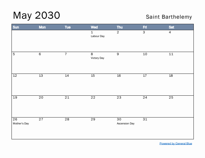 May 2030 Simple Monthly Calendar for Saint Barthelemy